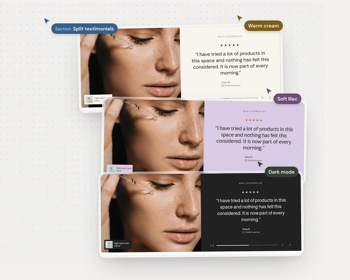 The split testimonials section in three color schemes: warm cream, soft lilac and dark mode