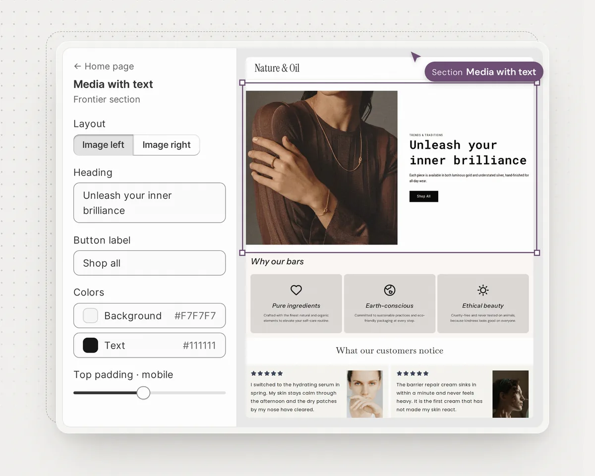 A Frontier media-with-text section being edited in the Shopify theme editor sidebar