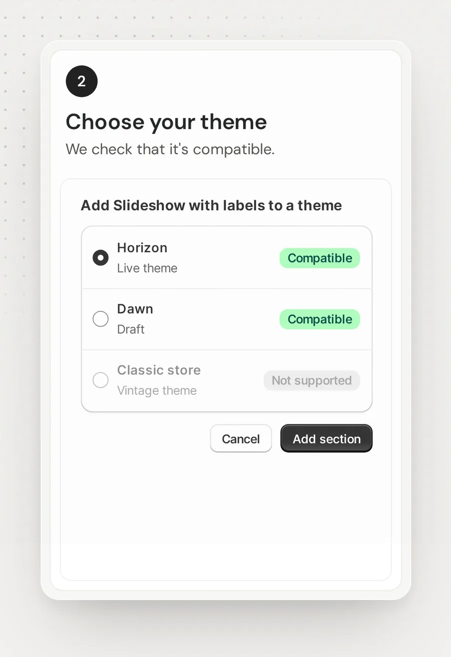 Step 2: choose your theme; Frontier checks that it is compatible.